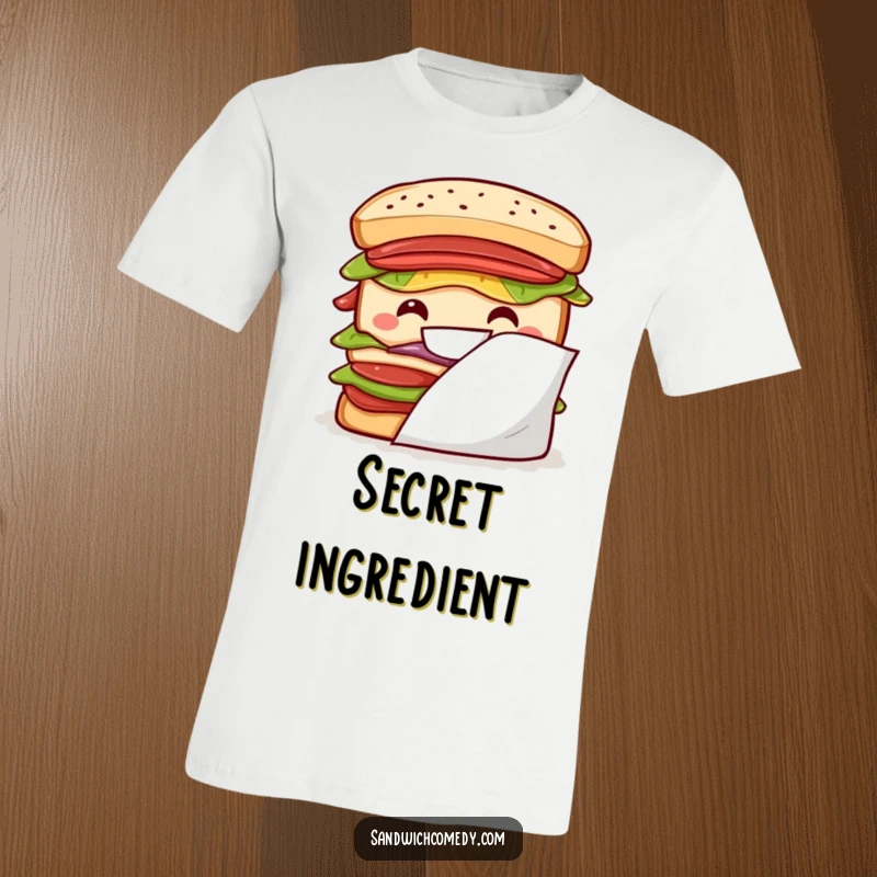 Funny layered sandwich t-shirt with a big grin peeking from behind a napkin, full of playful mischief.