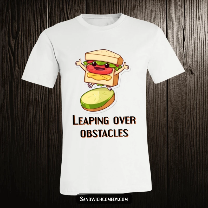 Funny t-shirt with a layered sandwich character joyfully leaping over a pickle slice, capturing a moment of energetic fun.