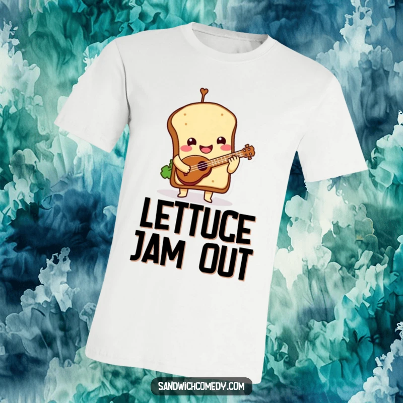 Funny T-Shirt with a smiling sandwich character, top bun tilted, enthusiastically playing a miniature ukulele.