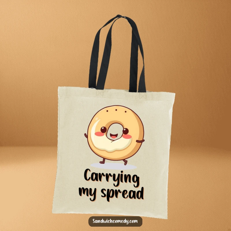 Funny bagel tote bag with a smiling bagel and cream cheese doing a little hop, perfect for carrying groceries.