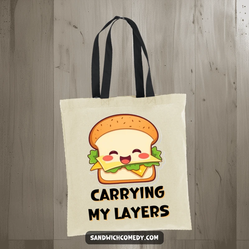 Funny cheerful sandwich tote bag with a smiling sandwich graphic, ideal for grocery shopping or everyday use.