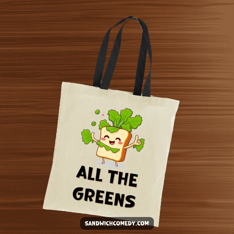 Funny tote bag with a sandwich character enthusiastically juggling lettuce leaves, a humorous and practical carry-all.