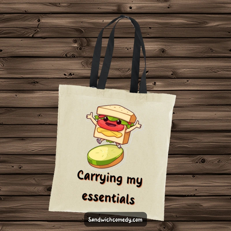Funny tote bag featuring a layered sandwich character mid-leap over a pickle slice, a humorous and practical accessory.